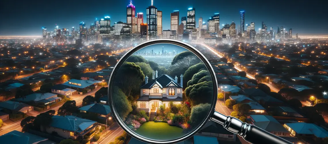 Melbourne cityscape with magnifying glass focusing on a property